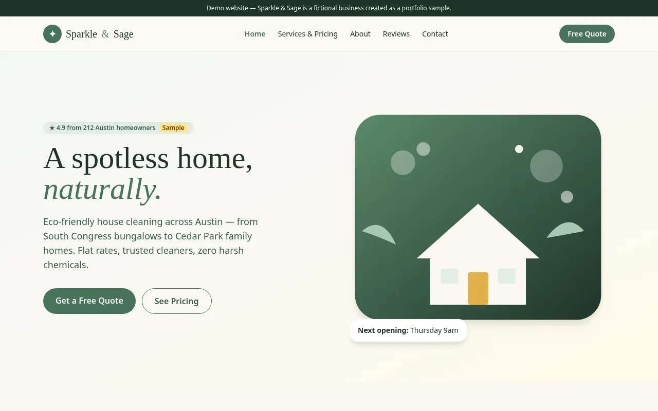 Template-style cleaning company homepage: small clip-art house, generic layout
